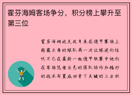 霍芬海姆客场争分，积分榜上攀升至第三位