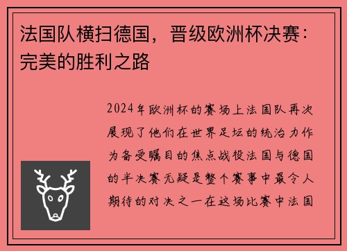 法国队横扫德国，晋级欧洲杯决赛：完美的胜利之路